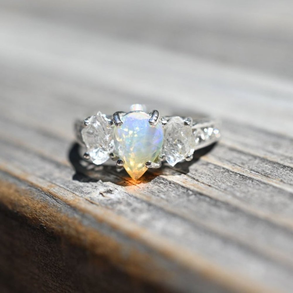 Opal raw crystal sterling silver engagement ring